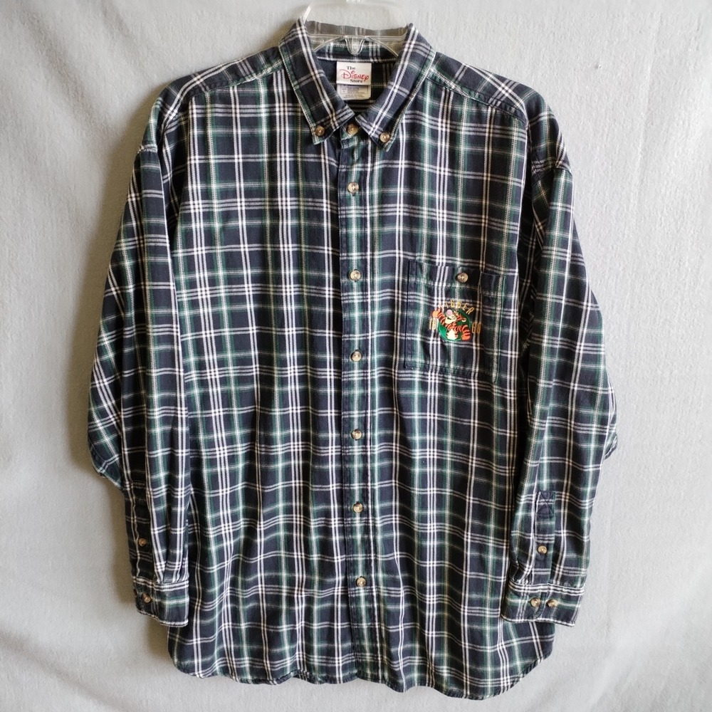 Disney Store Tigger Plaid‎ Button Down Shirt Mens Large Green Navy Cotton Vtg
